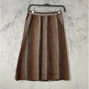 Vintage 80s Dark Academia Wool Midi A-Line Herringbone Stripe Skirt Small Earthy